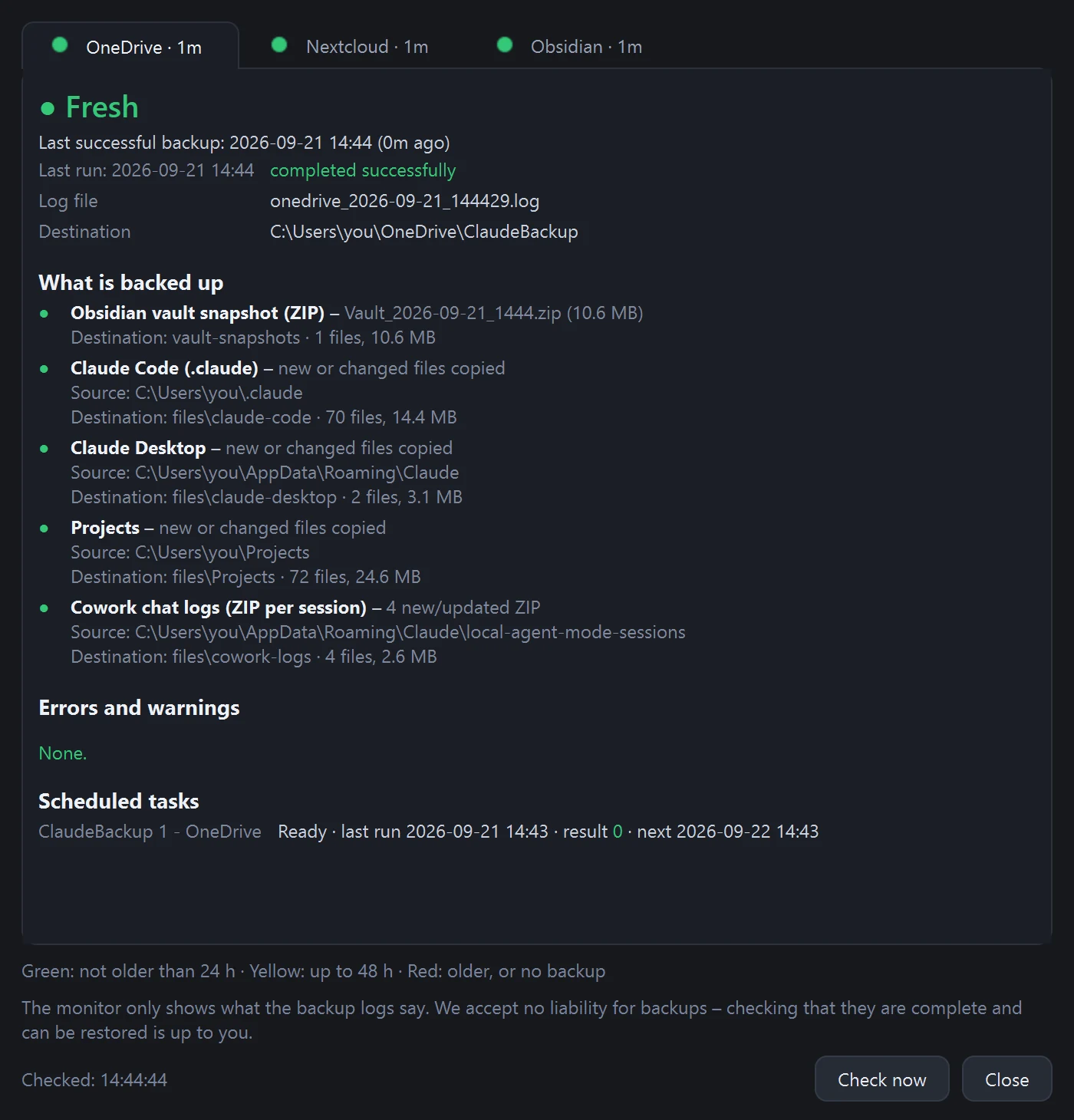 Okno szczegółów kopii zapasowych Claude Usage Monitor: stan Aktualny, skopiowany snapshot vaulta Obsidian, Claude Code, Claude Desktop, dodatkowy folder i dzienniki agentów z liczbą plików i rozmiarami, brak błędów oraz zaplanowane zadanie